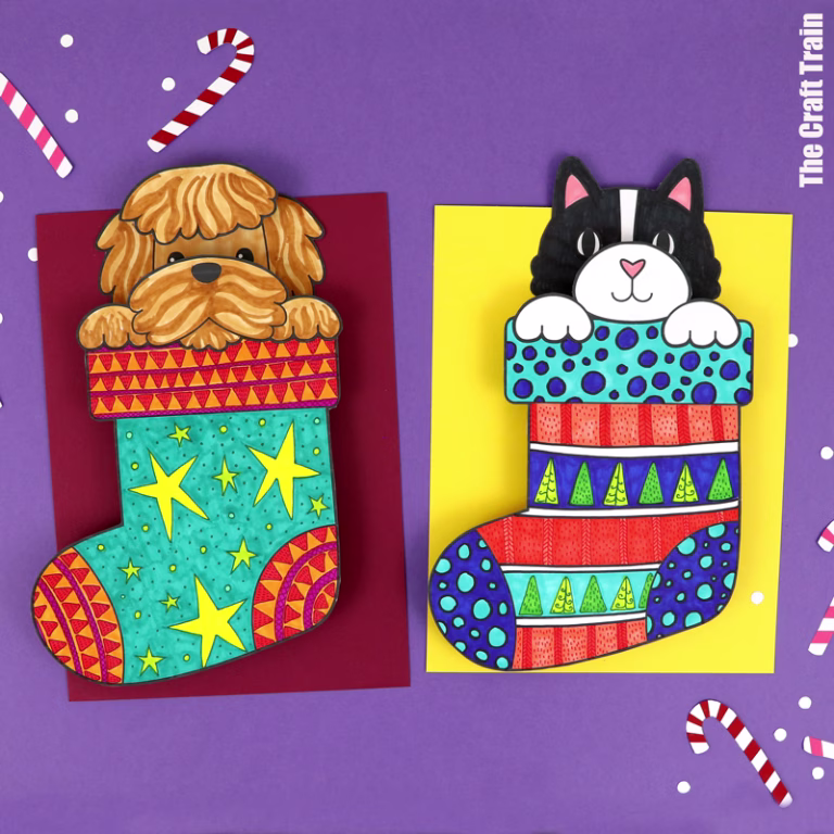 Kids printable art project featuring a kitten or a puppy peeking out of pattern art Christmas stockings