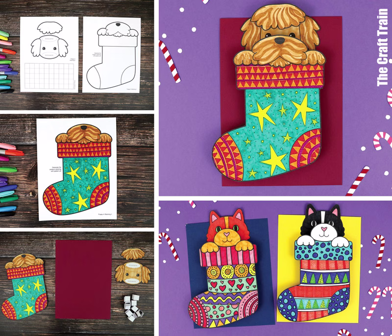 Kids printable art project featuring a kitten or a puppy peeking out of pattern art Christmas stockings