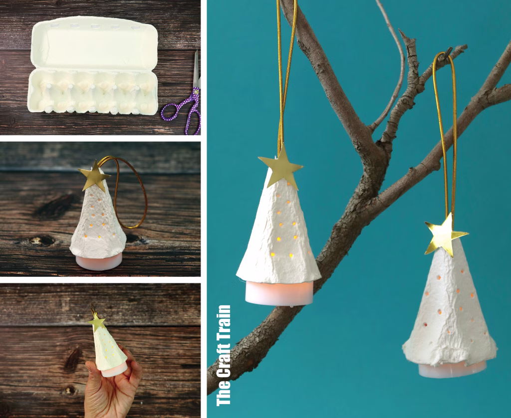 egg carton Christmas tree ornament with LED candle and gold star