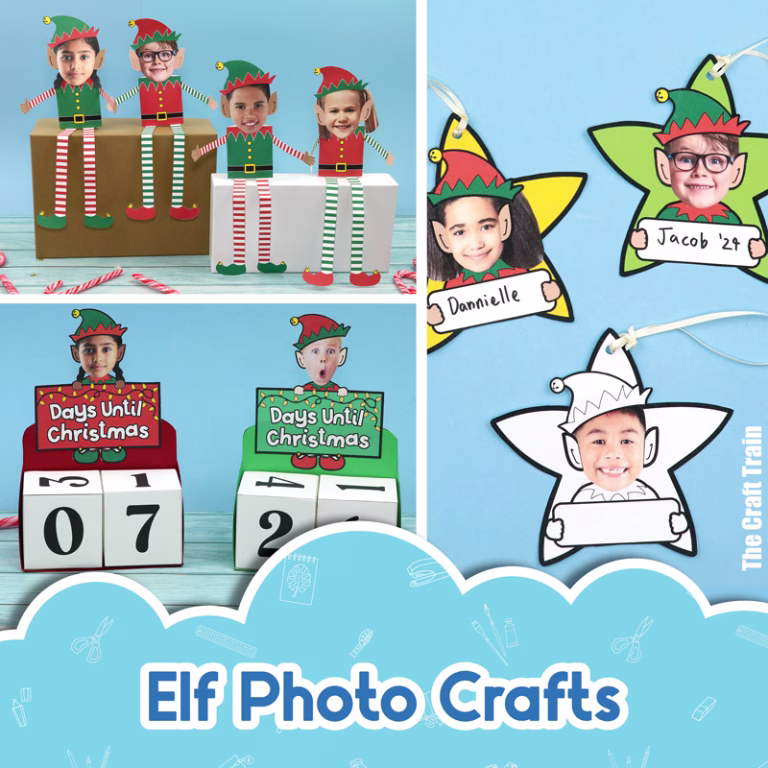 Elf photo crafts for kids, a set of super cute printables including an elf ornament, an elf cube Christmas countdown calendar, and an elf shelf sitter