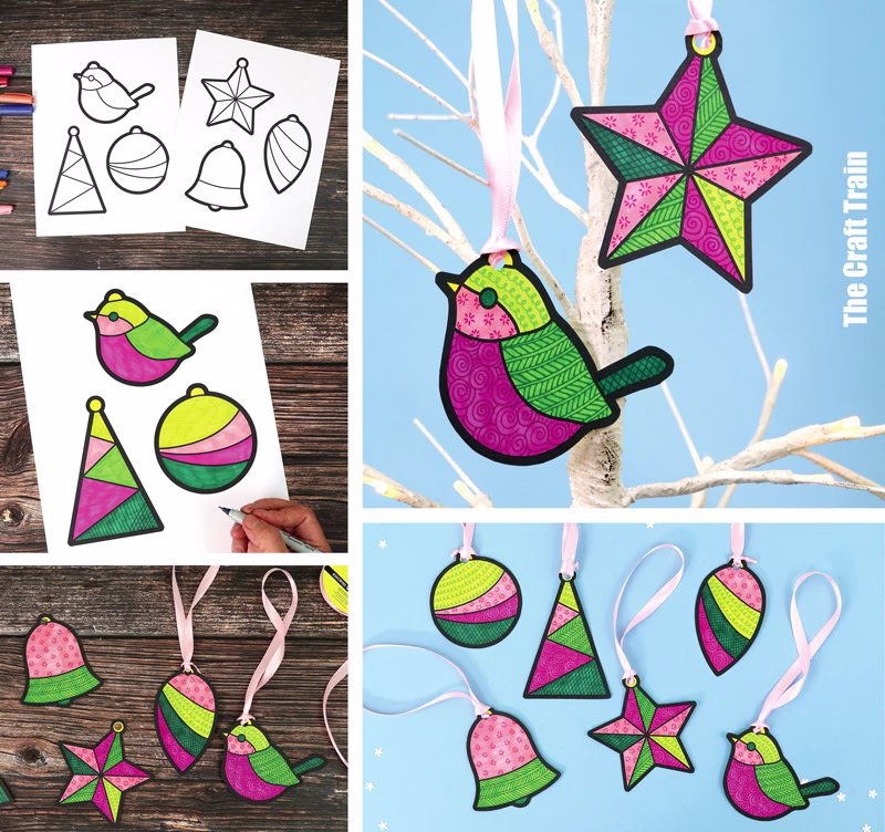 Handmade Christmas pattern art decorations. The decorations include various Christmas shapes printed to paper, then coloured in and decorated with patterns. Pink ribbon has been threaded through the top of each decoration to hang them with. This image includes a collage of steps to make the craft plus two pictures of the completed project