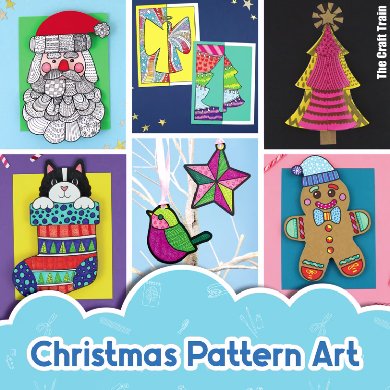 Christmas Pattern Art projects for kids. A collage with six finished pattern art papercrafts including: Pattern Art Santa, Pattern Art Pet Stockings, Christmas Positive Negative Art, Pattern Art Ornaments, 3D Christmas Tree Doodle Art, 3D Christmas Tree Gingerbread People