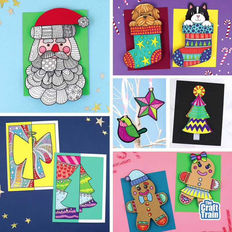 Christmas Pattern Art projects for kids. A collage with six finished pattern art papercrafts including: Pattern Art Santa, Pattern Art Pet Stockings, Christmas Positive Negative Art, Pattern Art Ornaments, 3D Christmas Tree Doodle Art, 3D Christmas Tree Gingerbread People
