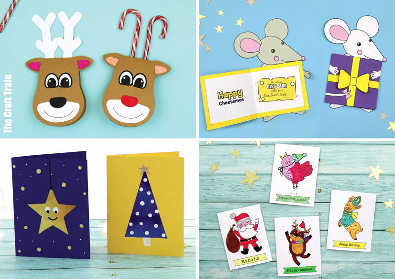 A collage of DIY Christmas cards kids can make. Includes Reindeer candy cane card, Mouse gift card, Sponge-painted Christmas cards and Christmas colouring cards