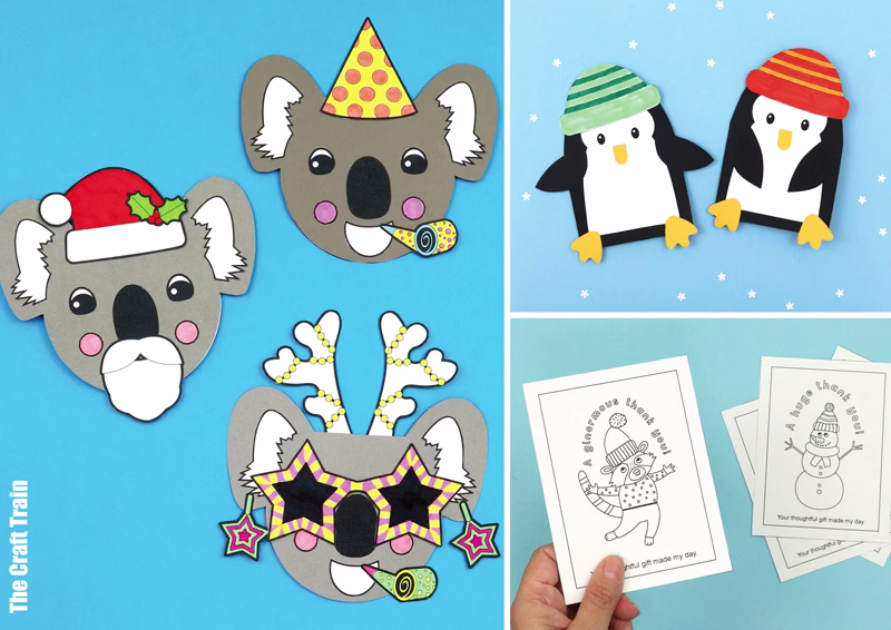 DIY holiday cards kids can make. Collage features a festive koala card, a penguin card and a colouring thank you cards