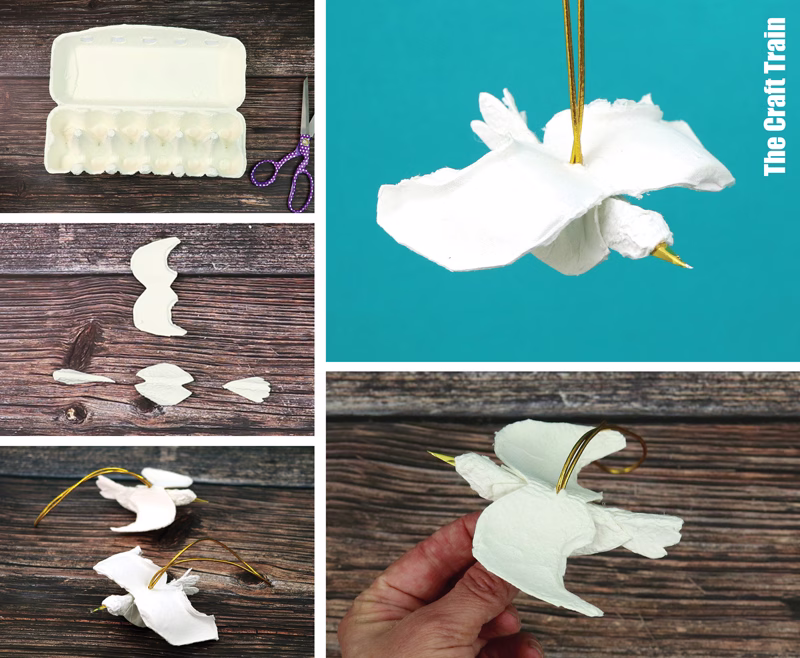 Egg carton peace dove ornament. A collage shows the finished egg carton dove suspended from a branch, hand held over a woodgrain background and three steps to make it