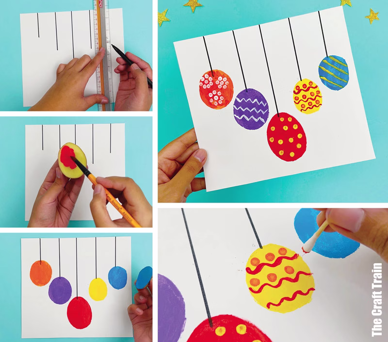Steps to make potato stamp Christmas bauble art collaged into one image