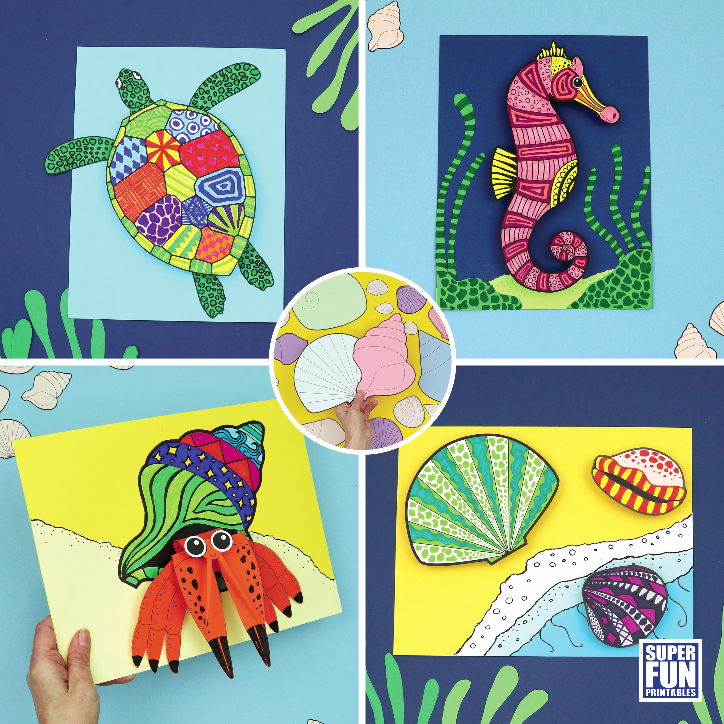 Ocean Doodle Art projects for kids with a cool 3D effect. Bundle includes turtle, seahorse, hermit crab and seashells 