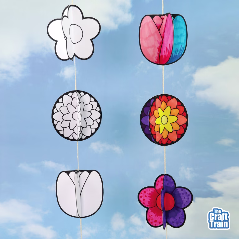 Spring flower spinner, a printable papercraft for kids with three 3D flowers that spin in the wind