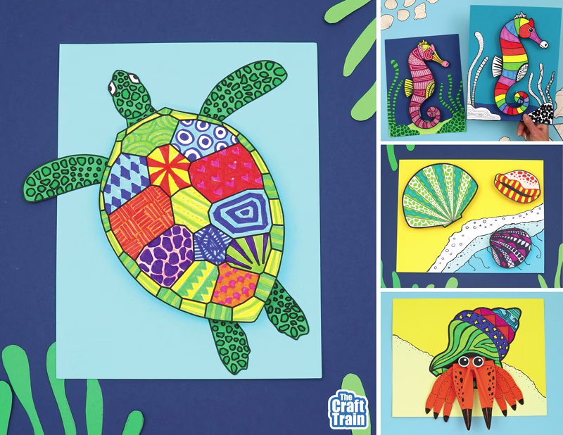 pattern art ocean animals printabl activities for kids. Includes turtle, seahorse, shells and hermit crab