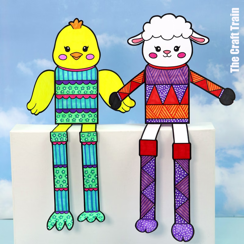 Chick and lamb pattern art shelf sitters against cloud background