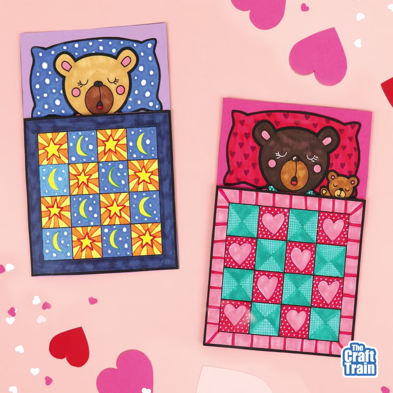 Bear in Bed Mother's Day card in two different colours. A Bear snoozes in bed beneath a patterned quilt