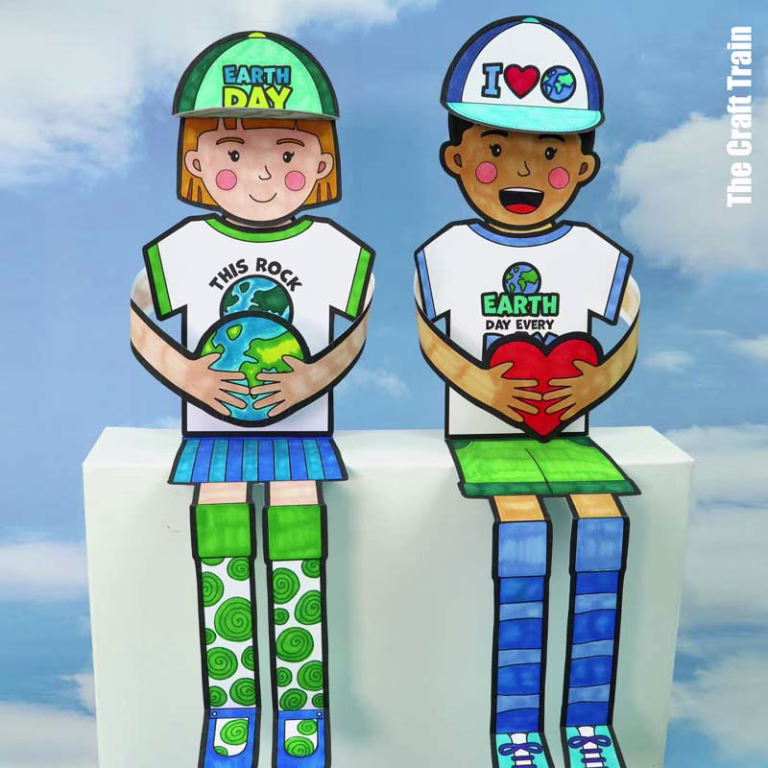 Earth Day kids paper craft, boy and girl shelf sitters