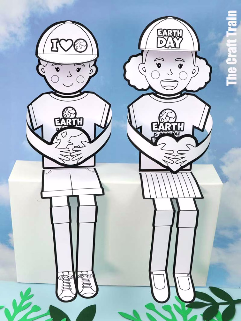 Earth Day kids paper craft, boy and girl shelf sitters