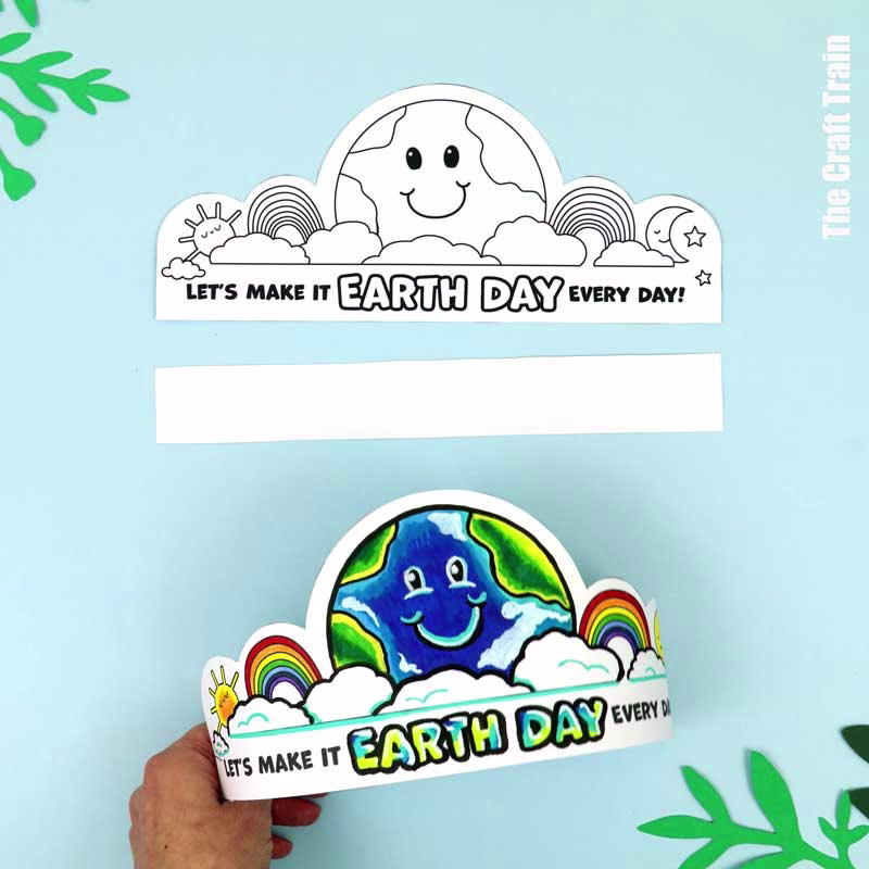Earth Day paper hats colouring craft for kids with free template