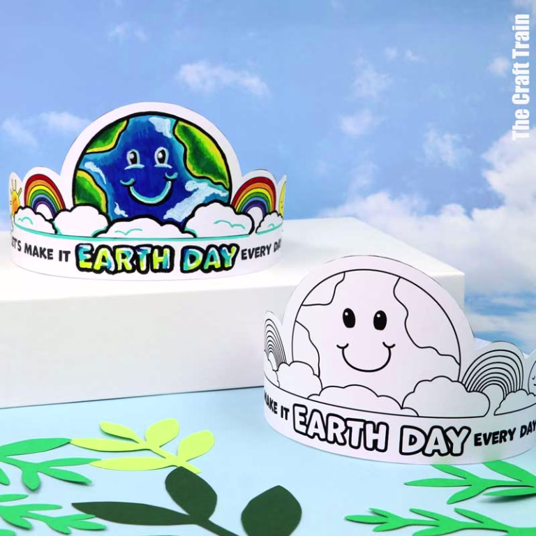 Earth Day paper hats colouring craft for kids with free template