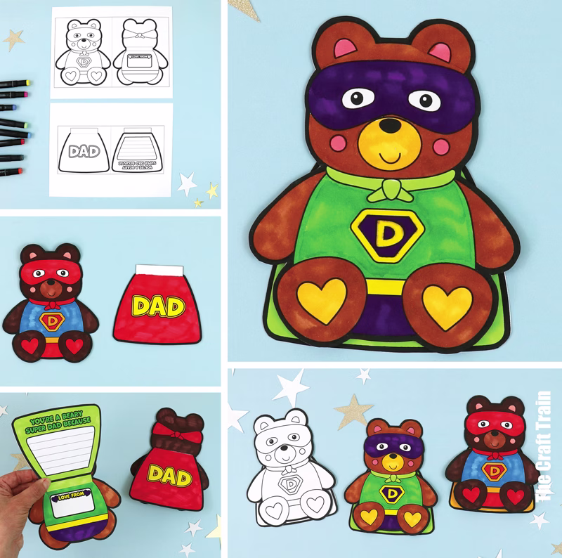 Super Bear Father's Day Card for kids to print and make