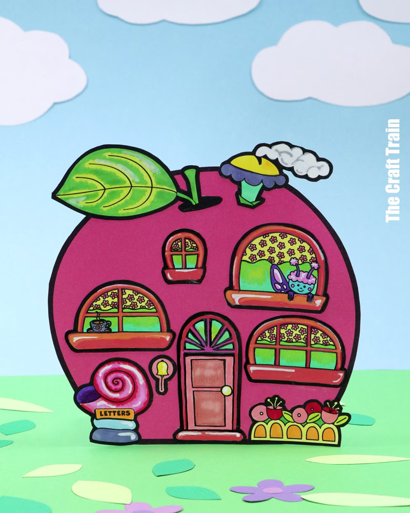 'Pink Lady' apple house freestanding papercraft for kids with printable template