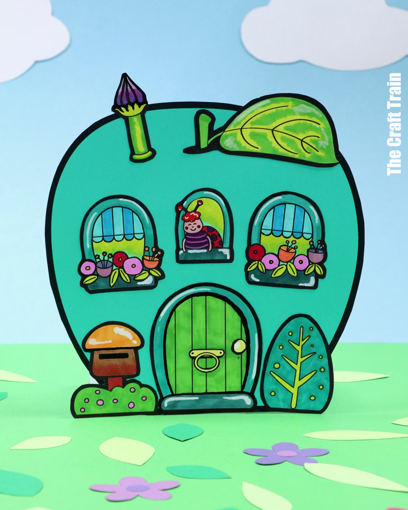 Green apple house freestanding papercraft for kids with printable template
