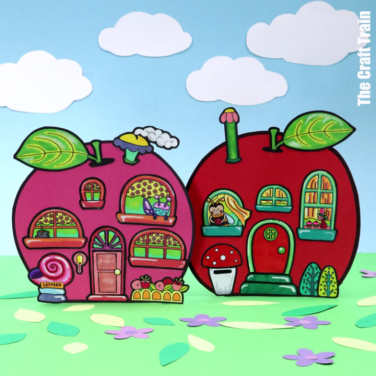 Paper apple houses craft for kids with mix and match doors, windows and other accessories