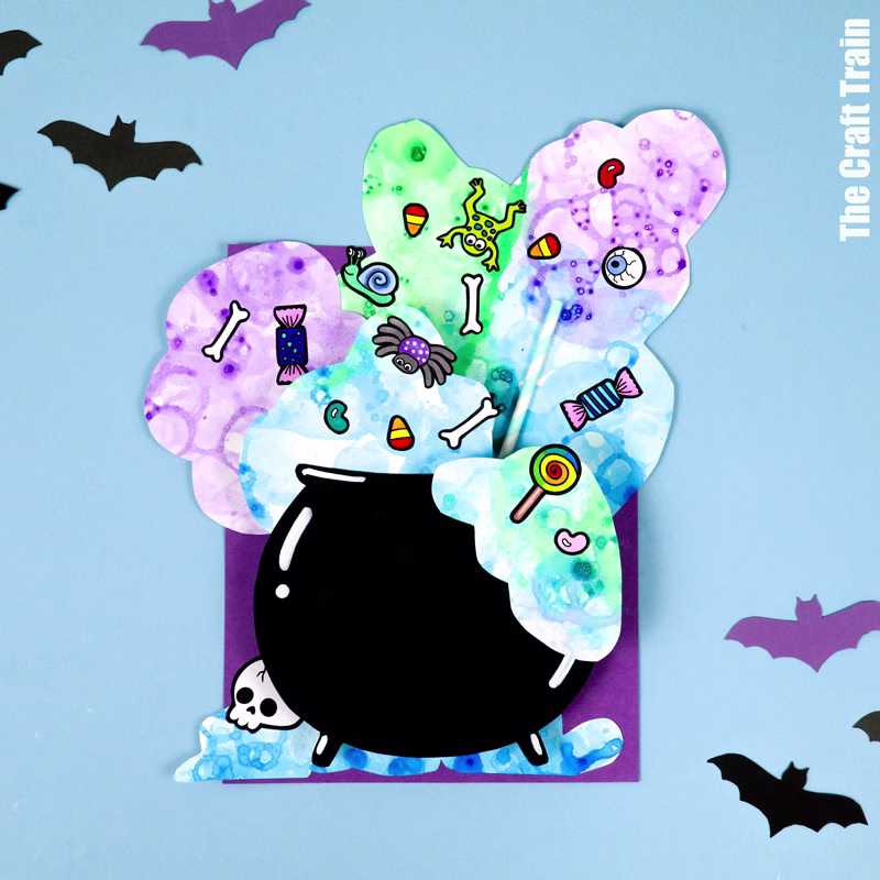 Bubble Art cauldron Halloween art project for kids with printable template
