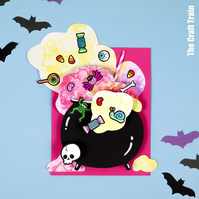 Bubble Art cauldron Halloween art project for kids with printable template