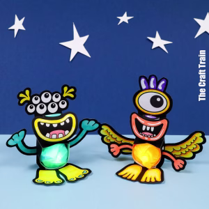 Monster Nightlights with a light-up LED tea light belly and a print-and-colour template. There are four monsters in the set for kids to make.