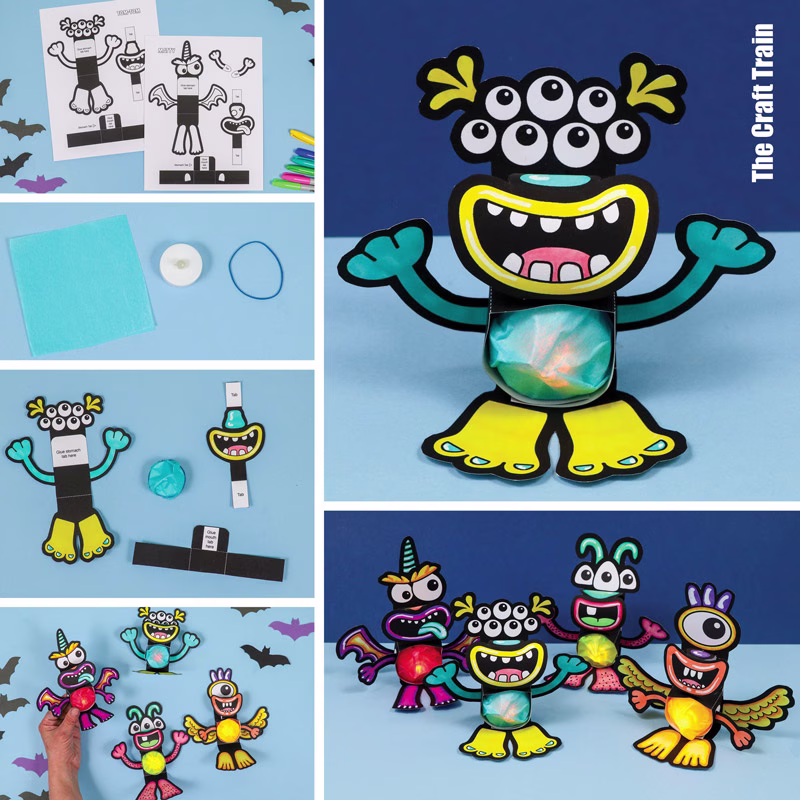 Monster Nightlights with a light-up LED tea light belly and a print-and-colour template. There are four monsters in the set for kids to make.